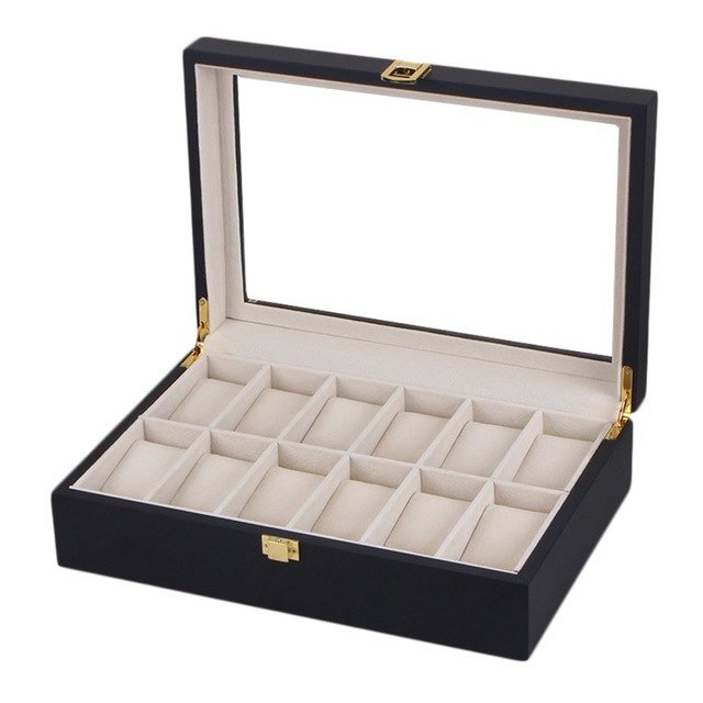 12 Grids Black Wooden Watch Box Storage Organizer