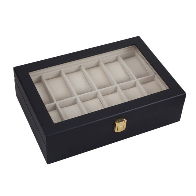 12 Grids Black Wooden Watch Box Storage Organizer