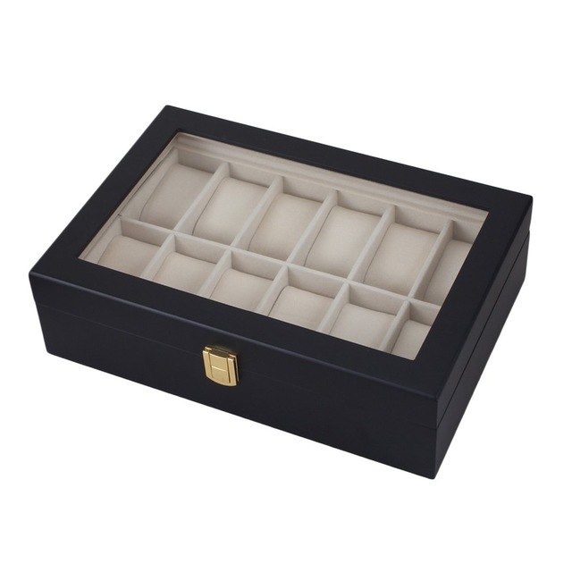 12 Grids Black Wooden Watch Box Storage Organizer