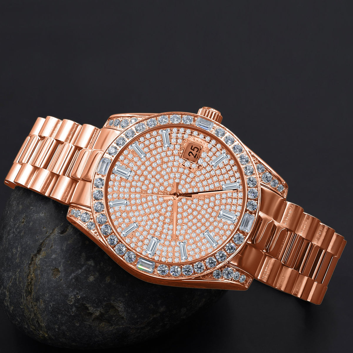 Rose Gold Iced Out Dial Watch