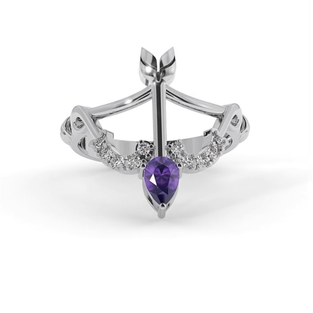 Solitaire Amethyst 18 Ct Gold Diamond Bow & Arrow Ring