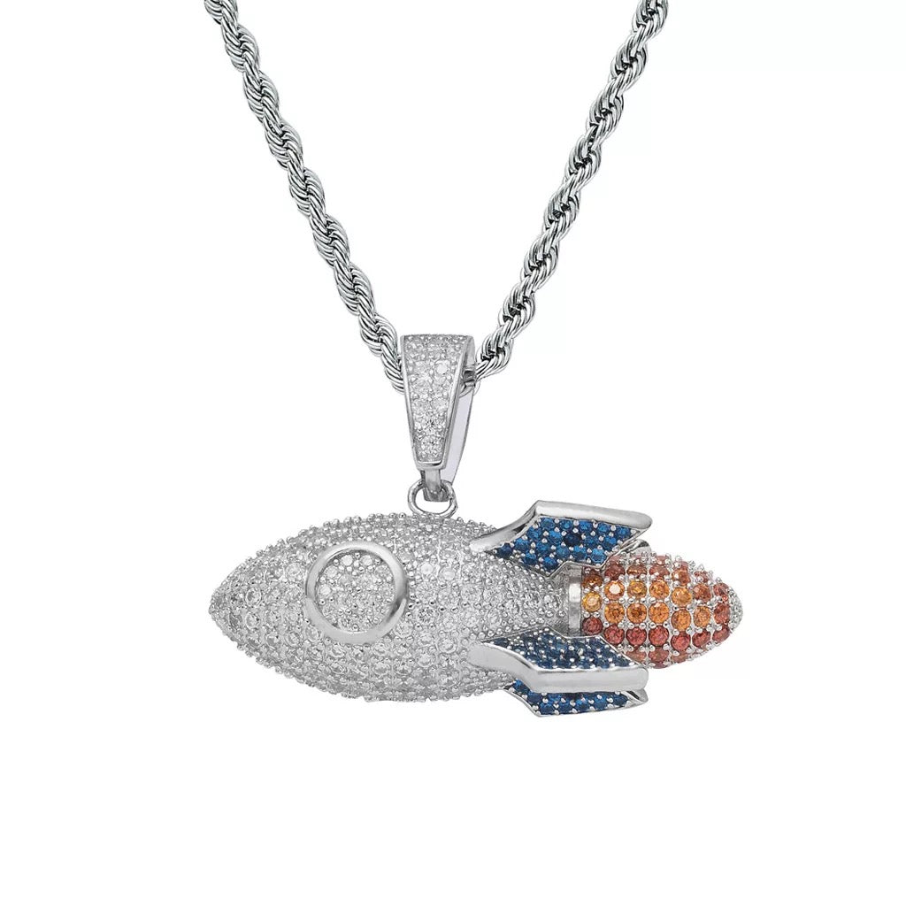 Iced Out Space Rocket Pendant