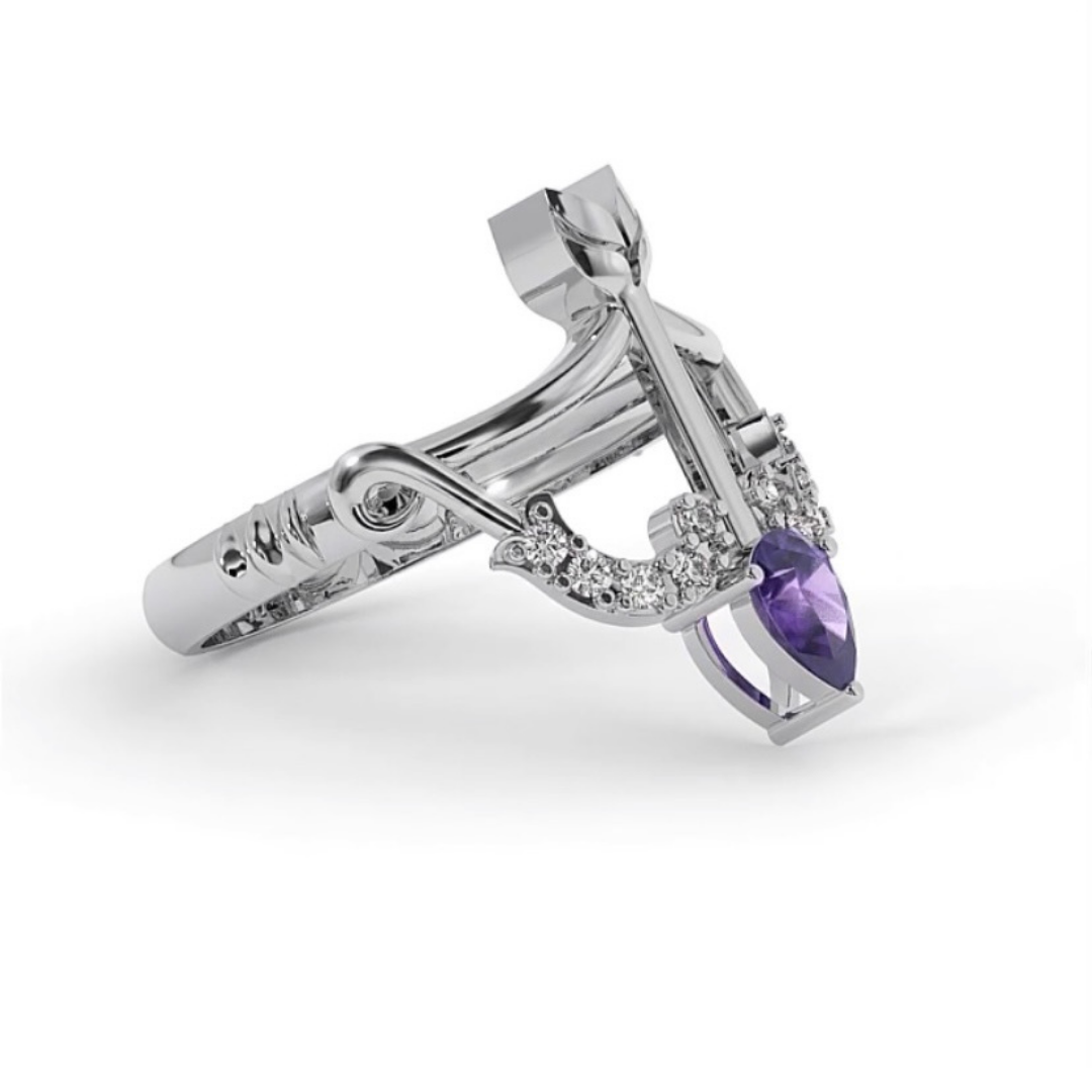 Solitaire Amethyst 18 Ct Gold Diamond Bow & Arrow Ring