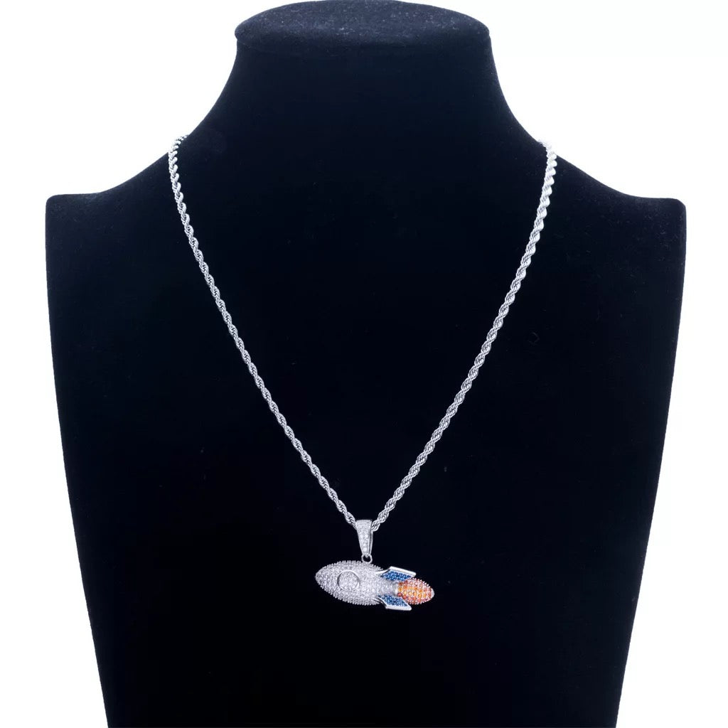 Iced Out Space Rocket Pendant
