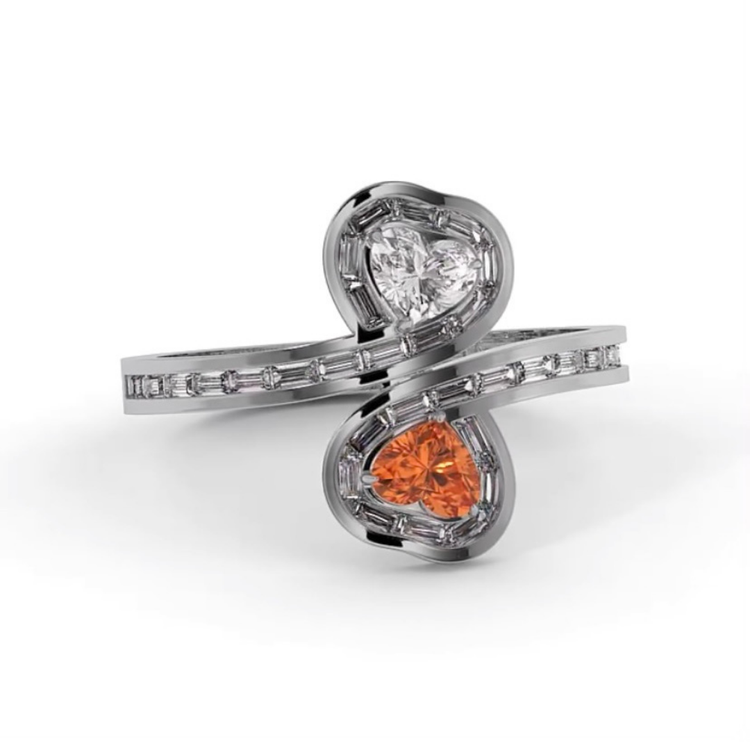 “Toi Et Moi” 18ct Gold Double Heart Baguette Diamond Ring