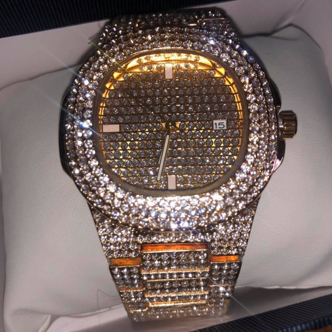 Iced Out Diamond Quartz Gold HIP HOP Watch & Bally Pendant Set