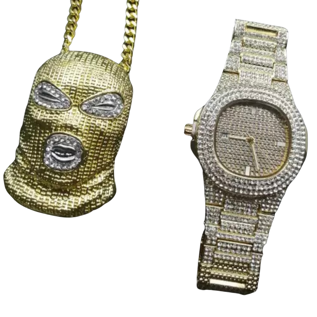 Iced Out Diamond Quartz Gold HIP HOP Watch & Bally Pendant Set