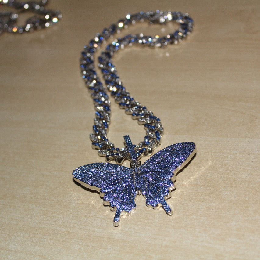 Iced Out Blue Pave Butterfly Pendant Necklace