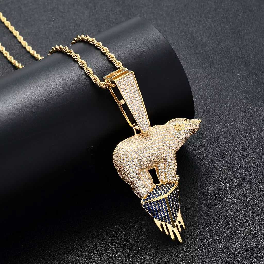 Iced Out White Gold ICY POLAR BEAR Pendant with 24 Inch Rope Chain