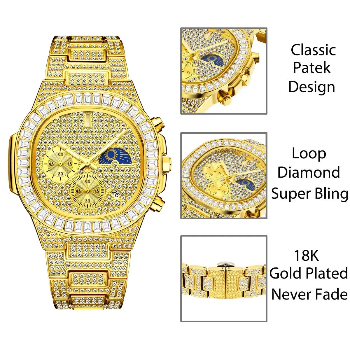 Iced Out Baguette Moonphase Dripwatch