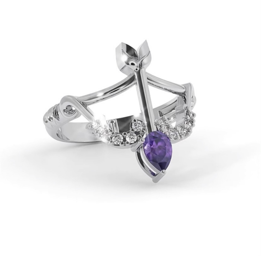 Solitaire Amethyst 18 Ct Gold Diamond Bow & Arrow Ring