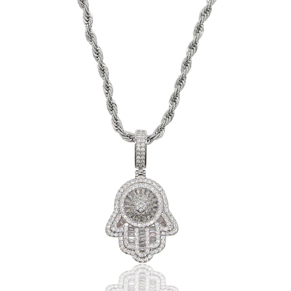 Iced Out Baguette Hamsa Palm Pendant