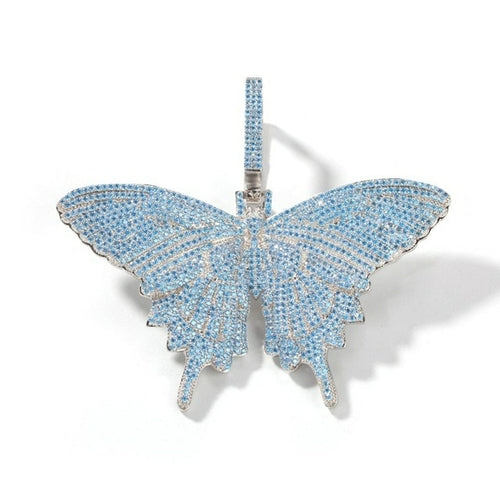 Iced Out Blue Pave Butterfly Pendant Necklace