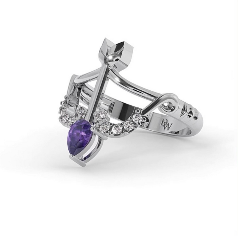 Solitaire Amethyst 18 Ct Gold Diamond Bow & Arrow Ring