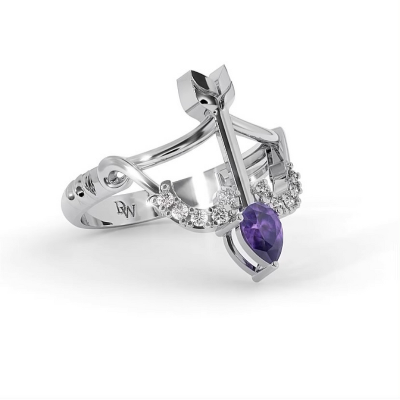 Solitaire Amethyst 18 Ct Gold Diamond Bow & Arrow Ring