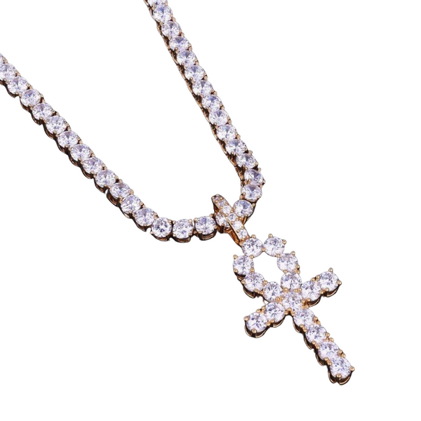 Iced Out Zircon Ankh Cross With 4mm Tennis Chain Necklace Set