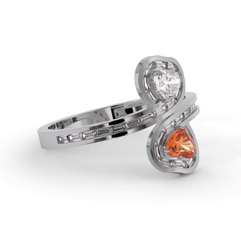 “Toi Et Moi” 18ct Gold Double Heart Baguette Diamond Ring