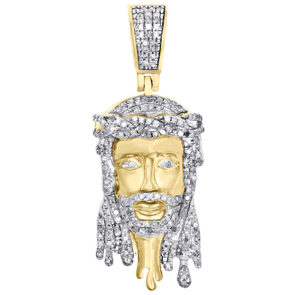 10K Yellow Gold 1/2 CT Pave Diamond Jesus Face Drip Pendant 1.55